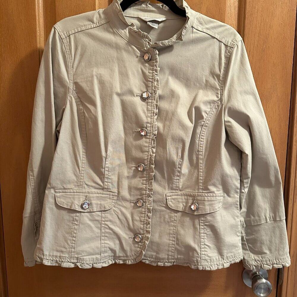 Fitted Ruffle Beige Khaki Jacket Clear Rhinestone Gem Button Up - Size M
